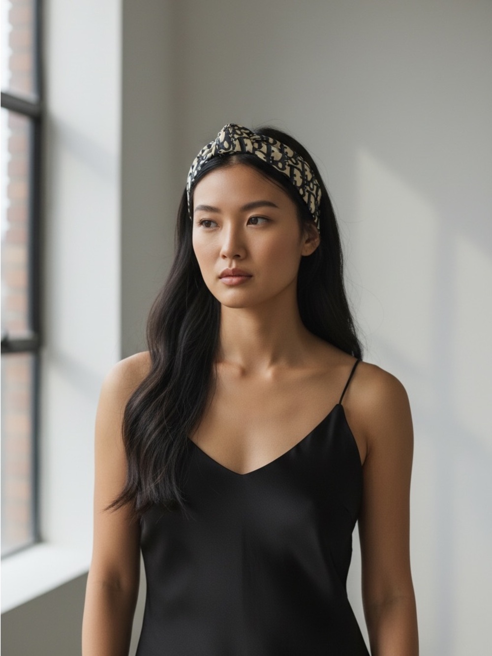 Dior Patterned Repurposed Navy and Cream Knotted Headband